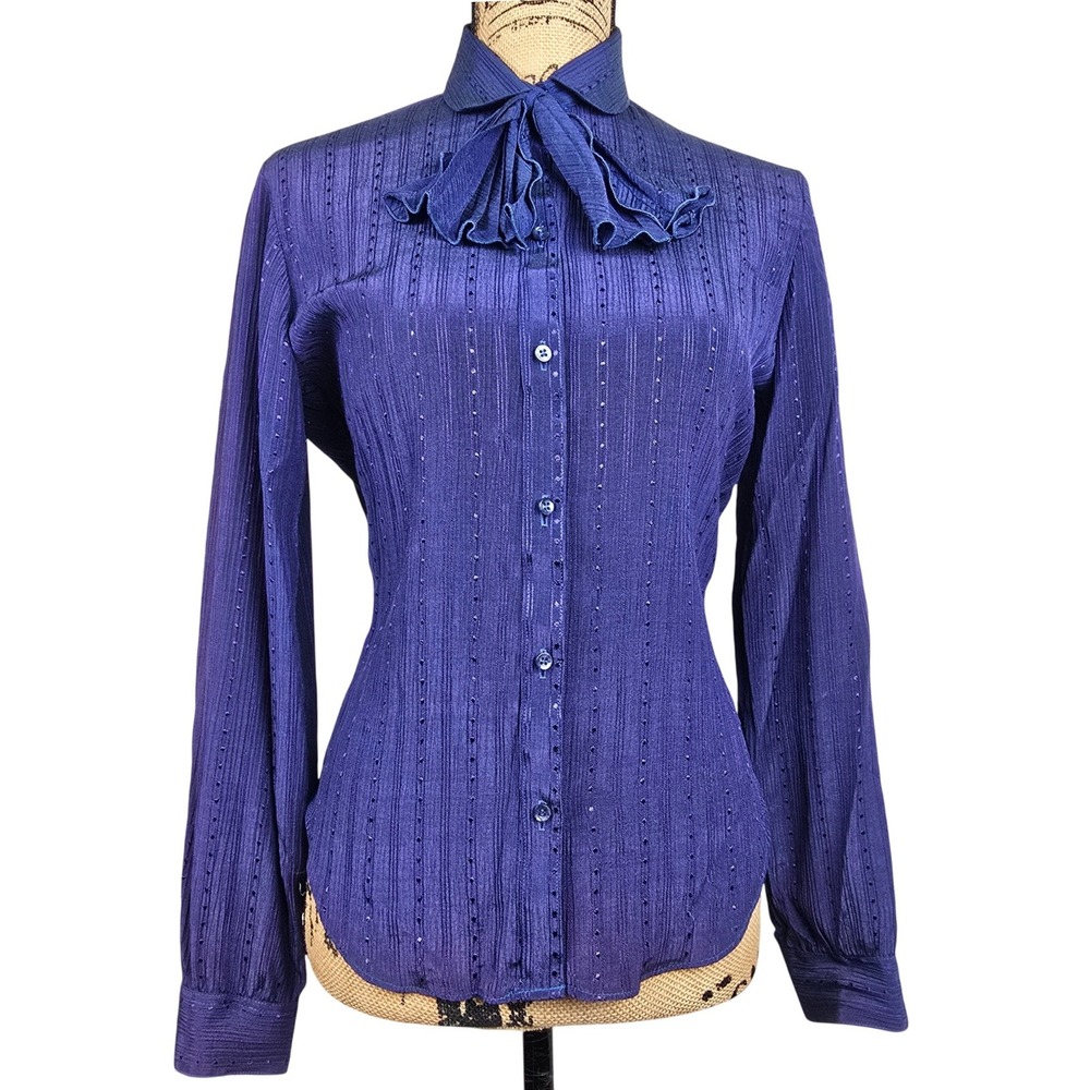 Vintage Stuart Lang Purple Ruffle Bow Blouse Textured Dobby Stripe Top Size 9/10